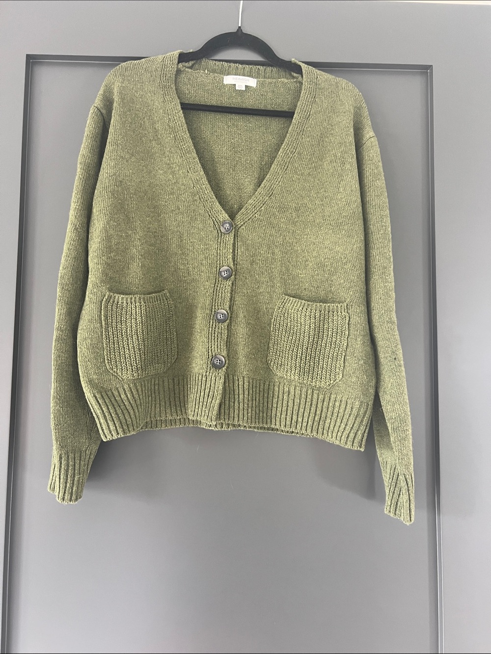 Heimish Olive Button-Front V-Neck Pocket Cardigan